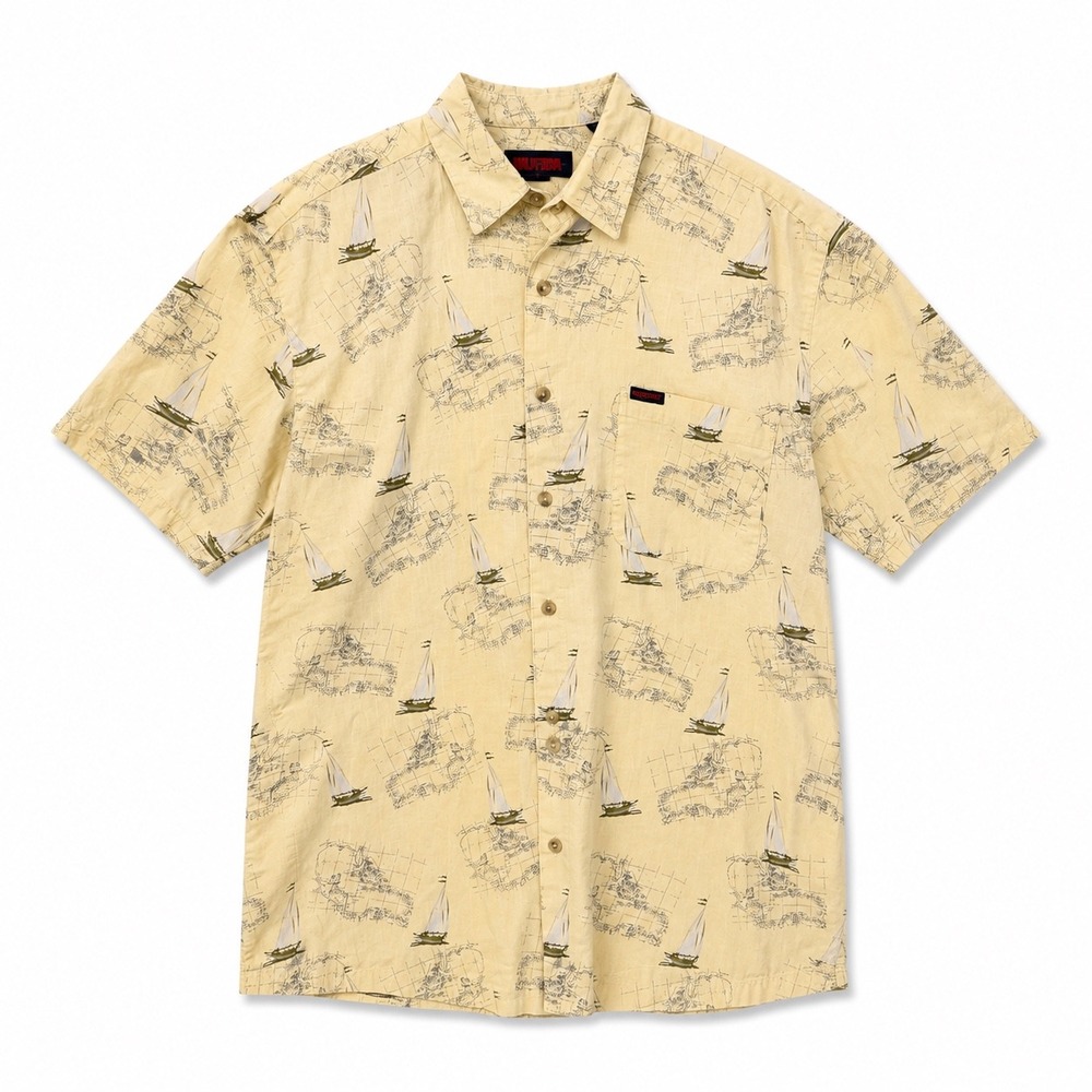 Wolverine Mens Medium Yellow Cotton Sailboat Map Print Short Sleeve Button Up